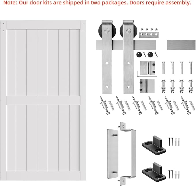 SmartStandard 48 x 96 inch White Sliding MDF Barn Door with 8FT Brushed Nickel Sliding Door Hardware Kit & Handle, Pre-Drilled Ready to Assemble, Waterproof PVC Coating, H-Frame