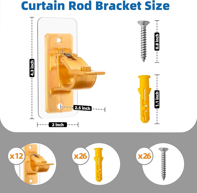 Antimbee 12PCS Self Adhesive Curtain Rod Bracket, No Drilling Curtain Rod Holders, 20lbs Load Capacity Golden Hangers for Dorm, Bathroom, Bedroom, Livingroom Decor