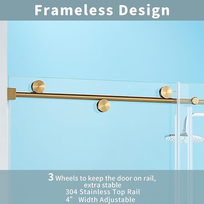 56-60" W x 76" H Frameless Sliding Shower Door, Frameless Shower Door, Shower Glass Door with 5/16" (8mm) Clear SGCC Tempered Glass, Stainless Steel Hardware O01 (Brushed Gold)
