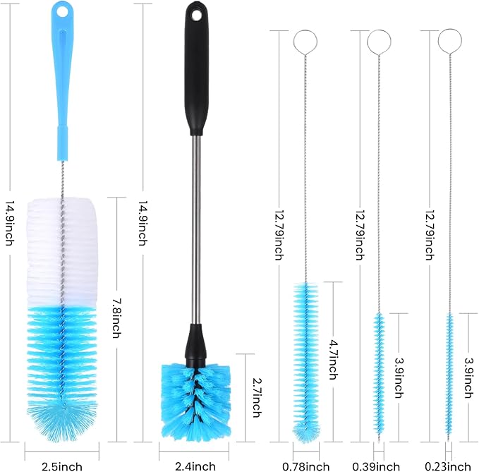 5 Pack Bottle Cleaner Brush, 15 Inches Stainless Steel Long Handle Baby Bottle Scrub Cleaning Brushes with Straw Cleaner Brush for Sports Water Bottle, Cups, Coffee Mugs, Glasswares