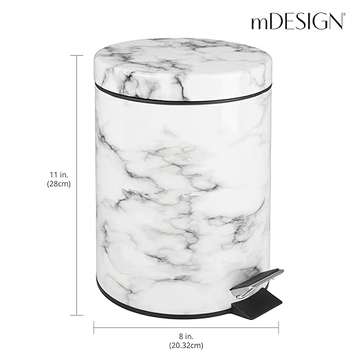 mDesign Pedal Waste Basket — Metal Waste Bin with Pedal, Lid and Plastic Bucket Insert — Perfect for Bathroom, Kitchen, and Office — 5 Litre Household Rubbish Bin with Ergonomic Design — Marble Print