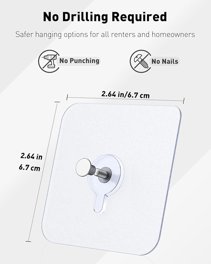 Uniclife 10 Pcs Self Adhesive Picture Hooks 40 lbs Load No Drill Screw Stickers 2.64" Heavy Duty Picture Hangers Without Nails Wall Hooks for Hanging Waterproof Frame Hangers Sticky Hooks for Bathroom