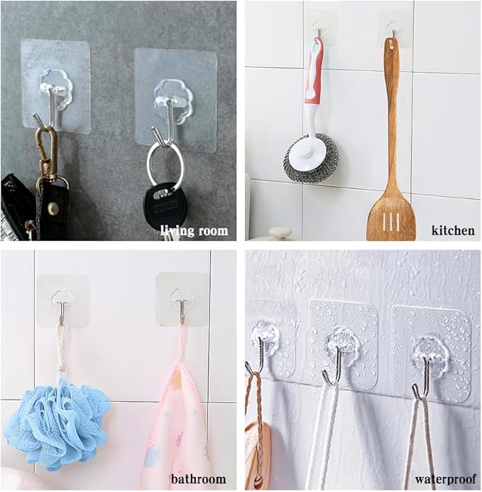 Adhesive Hooks for Hanging,Adhesive Wall Hooks,36 Pcs15LB Sticky Hooks,Clear Hooks for Walls,Shower Hooks,Utility Hooks,Kitchen Hook