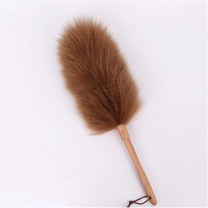 Pure Lambs Wool Duster with Wood Handle, Fluffy Lambswool Duster, Thicken Encryption, Anti-Static, Duster for Home, Office and Car, 19.3 inch(F)