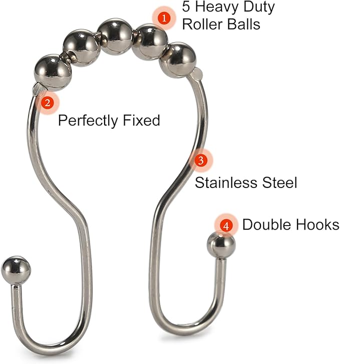 Goowin Shower Curtain Hooks, 12 Pcs Shower Curtain Rings, Stainless Steel Shower Curtain Hangers, Double Hook Shower Curtain Hooks, Smooth Sliding Anti-Drop Shower Rings for Curtain (Nickel)