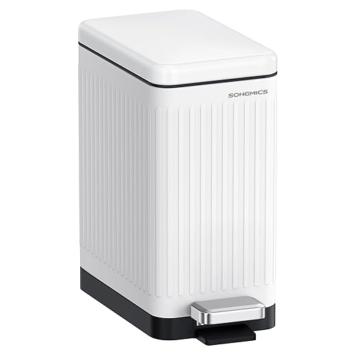 SONGMICS Bathroom Trash Can, 2.6-Gallon (10 L) Trash Bin with Lid, Slim for Small Spaces, Stainless Steel Garbage Can, Soft Close, White ULTB562W01