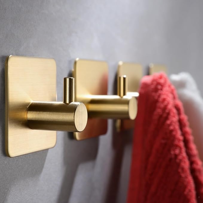 YIGII Adhesive Hooks, 4 Pack Stainless Steel Towel Hooks Heavy Duty, Sticky Wall Hook for Hanging Robe, Coat, Clothes, Waterproof (Gold)