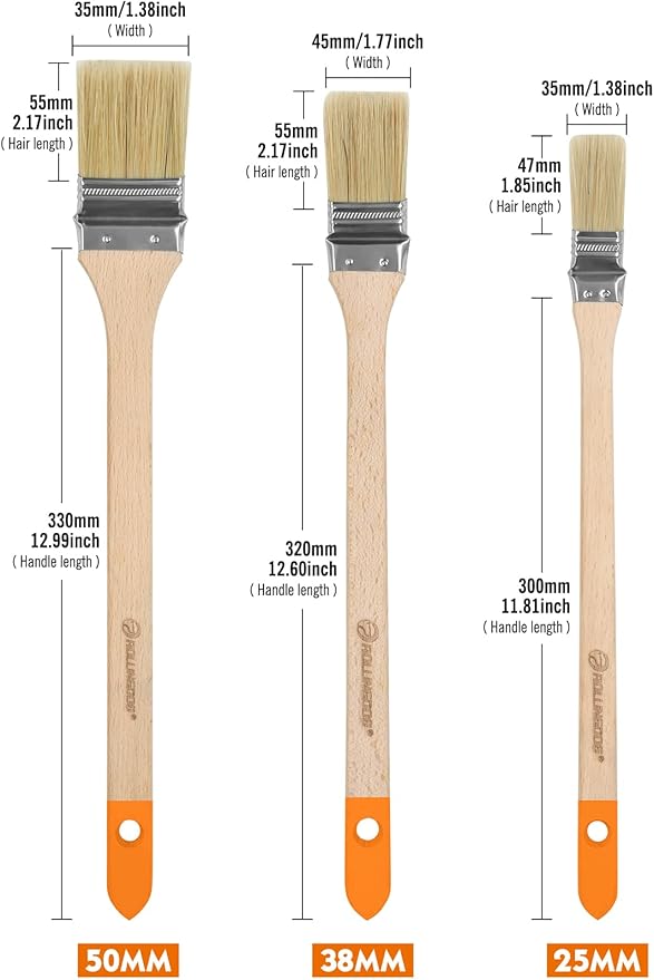 ROLLINGDOG Radiator Brush - 3PC Long Handle Paint Brush for Ceilings,High Walls(25mm,38mm,50mm)