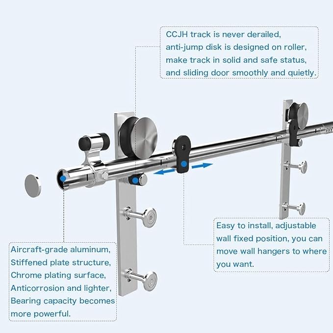CCJH Stainless Sliding Barn Door Hardware Kit 6ft Heavy Duty for Single Wooden Door (Flat Shape Hanger)