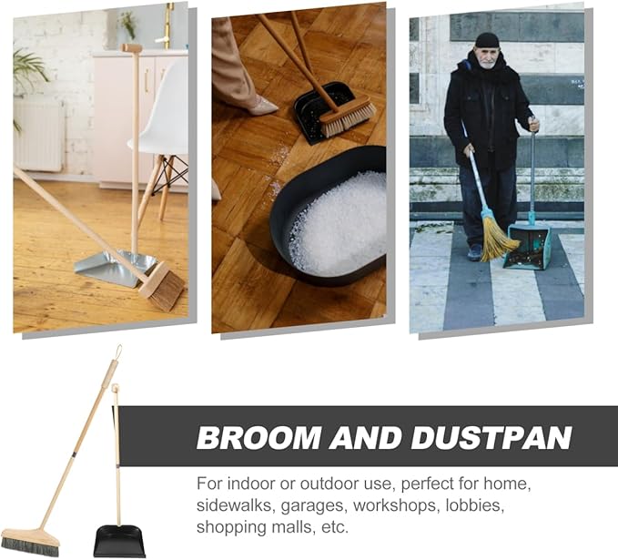 GANAZONO Broom and Dustpan Set Long Handle Household Cleaning Tools Indoor Outdoor Use Ergonomic Lightweight Wooden Brush for Home Garage Workshop