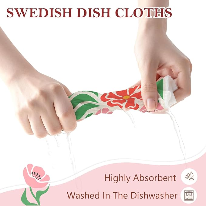5 Pack Mixed Colorful Blossoms Flower Swedish Kitchen Dishcloths Dish Towels, Floral Dish Towels for Kitchen, Swedish Dishcloth, Paper Towels Reusable, Dish Cloth Towel Cleaning Wipe for Home