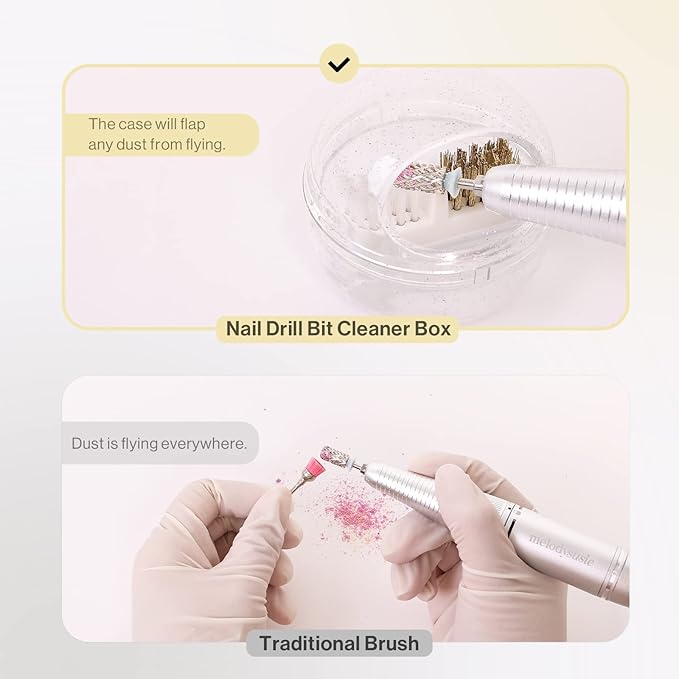 MelodySusie Nail Drill Bits Cleaner Brush Case Accessories with Clear Cover for Cleaning Tungsten Carbide Ceramic Nail Drill Bits Cuticle, Steel Wire & Nylon Double Brush - White