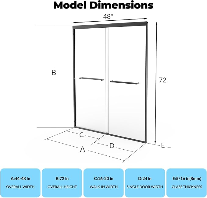 44-48" W x 72" H Semi-Frameless Shower Door, Double Sliding Glass Door with 5/16" (8mm) Clear Tempered Glass for Bathroom, Matte Black