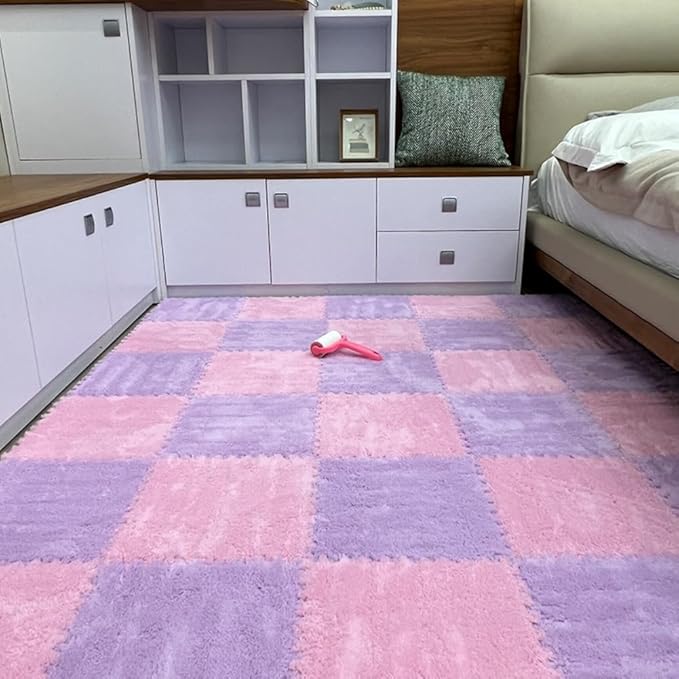 12Pcs Interlocking Carpet Tiles,12"x 12" Plush Interlocking Foam Carpet Tiles with Border,Fluffy Play Mat Floor Tiles Thick Padded Squares Foam Tiles for Playroom Decor (Pink+Purple)