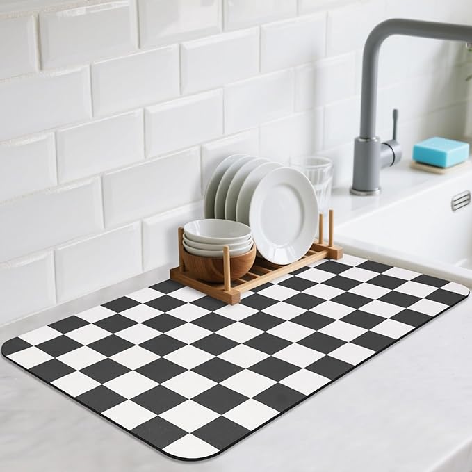 Checkered Dish Drying Mat for Kitchen Counter, Absorbent Non-Slip Coffee Mat, Heat Resistant Mat for Countertops Coffee Bar Decor 16" x 24" Black