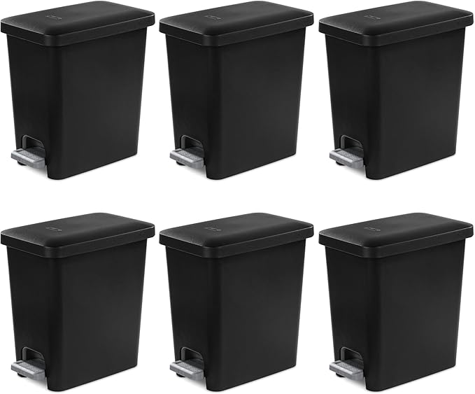 Sterilite 2.7 Gallon Rectangular Step On Kitchen Trash Bin Plastic Indoor Wastebasket with Removable Liner and Bag Holding Feature, Black (6 Pack)