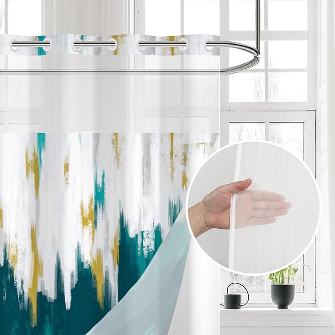No Hook Shower Curtain with Snap in Liner, Hotel Style Blue White Mix Gold Brush Strokes Art Modern Shower Curtain Waterpoof Washable with See Through Top Window,71"x86"