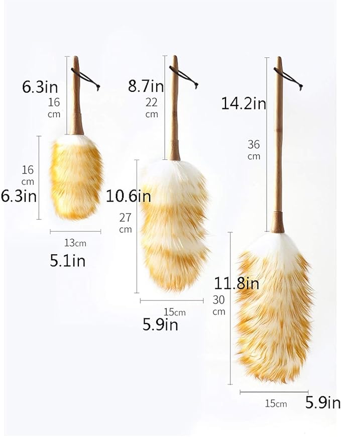 Household Lambswool Duster with Solid Wooden Handle, Good Grips, Anti-Static, Flexible, Feather Duster for Home, Office and Car(B)