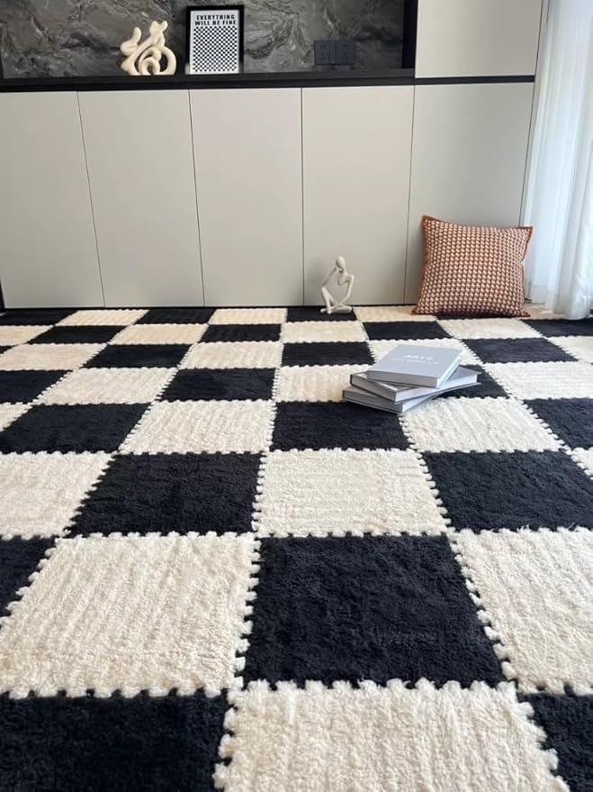 12Pcs Interlocking Carpet Tiles,12"x 12" Plush Interlocking Foam Carpet Tiles with Border,Fluffy Play Mat Floor Tiles Thick Padded Squares Foam Tiles for Playroom Decor (Khaki+Black)