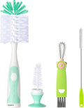Baby Bottle Brush Set 4 in 1, Baby Bottle Cleaner, with 1P Nylon Bottle Brush, 1P Bottle Cap Brushes, 2P Straw Brushes, Bottle Brush with Nipple Cleaner and Suction Cup, BPA-Free(Green)