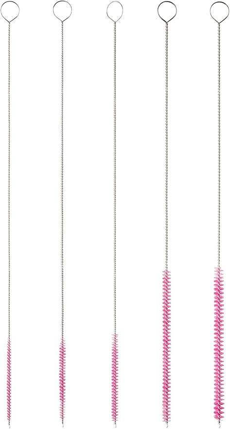 10" Tube Cleaning Brush Set, 5 Pack Small, Extra Long Nylon Straw Brushes with Flexible Handles for Bottles, Cleaning Straws, Pipe Cleaners, Keyboard, Glass, Guns, Detailing and Deep Cleaning, Pink