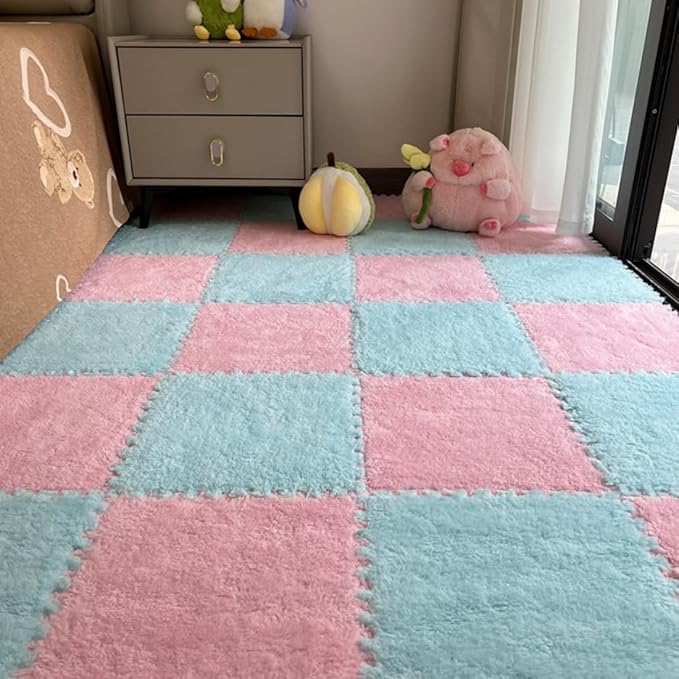 12Pcs Interlocking Carpet Tiles,12"x 12" Plush Interlocking Foam Carpet Tiles with Border,Fluffy Play Mat Floor Tiles Thick Padded Squares Foam Tiles for Playroom Decor (Pink+Light Blue)