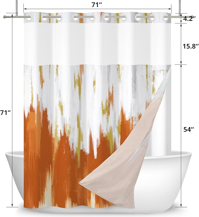 No Hook Shower Curtain with Snap in Liner, Hotel Style Burnt Orange White Gold Brush Strokes Art Modern Shower Curtain Waterpoof Washable with See Through Top Window,71"x71"