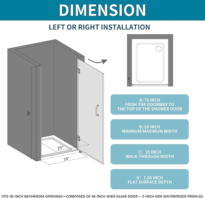 Framelss Single Swing Hinged Shower Door, 28"W x 76"H Pivot Shower Door, 5/16" (8mm) Tempered Glass with Nano Coating, SGCC Certified, Glass Door for Walk-in Shower - L02-28 (Bright Chrome)