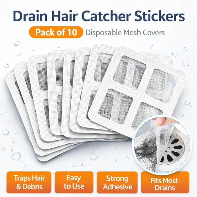 Disposable Shower Drain Hair Catcher Stickers (10 Pack) – Waterproof Mesh Hair Trap Covers for Shower & Bathtub Drains, Peel-Stick Disposable Drain Protector