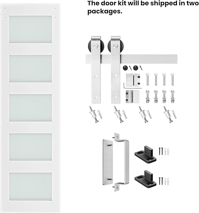 24'' x 84'' Glass Barn Door and 5 Ft Brushed Nickel Hardware Kit Included, MDF White Barn Door Slab with Frosted Glass, PVC Surface, Combined with Handle and Floor Guide-Assembly Required