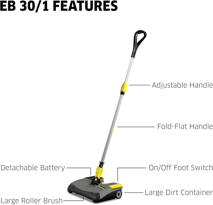 Kärcher EB 30/1 Commercial Electric Broom, Cordless Sweeper, Multi Surface Cleaner, Telescopic Broom Stick, Universal Joint