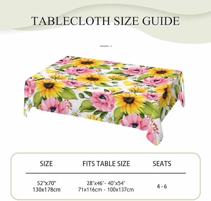 Sunflowers Yellow Table Cloth 52x70 Yellow Pink Sunflower Poppies with Leaves Tablecloth Rectangle Table for Dining Kitchen Banquet Party Decorative Outdoor Picnic