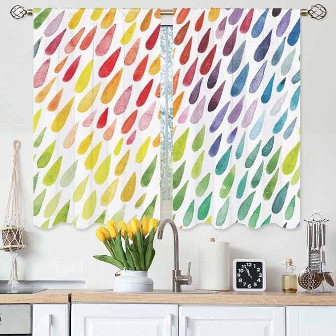 Rainbow Raindrops Kitchen Curtains Colorful Abstract Droplet Blob Brush Strokes Short Tier Curtains for Bathroom Cafe Small Window Drapes Treatment 2 Panels (27.5x39 Inch)