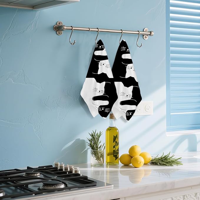 Hanamiya Na 2 Pcs Cute Cat Kitchen Towels 24x14 Inch, Cats Gifts Reusable Dish Towels for Kitchen Home Bathroom Decor, Waffle Weave Hand Cloth Tea Towel, Gifts for Cat Lovers Women Friend Girls