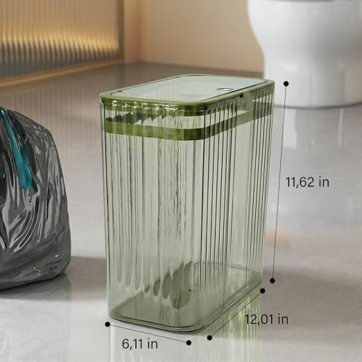 Bathroom Trash Can with Lid3.5 Gallon Garbage Can，for Bedroom, Office, Plastic Slim Waste Basket with Press Top Lid, 15l Clear Trash Bin for Home Slim Trash Bin Clear, Kitchen （Green）
