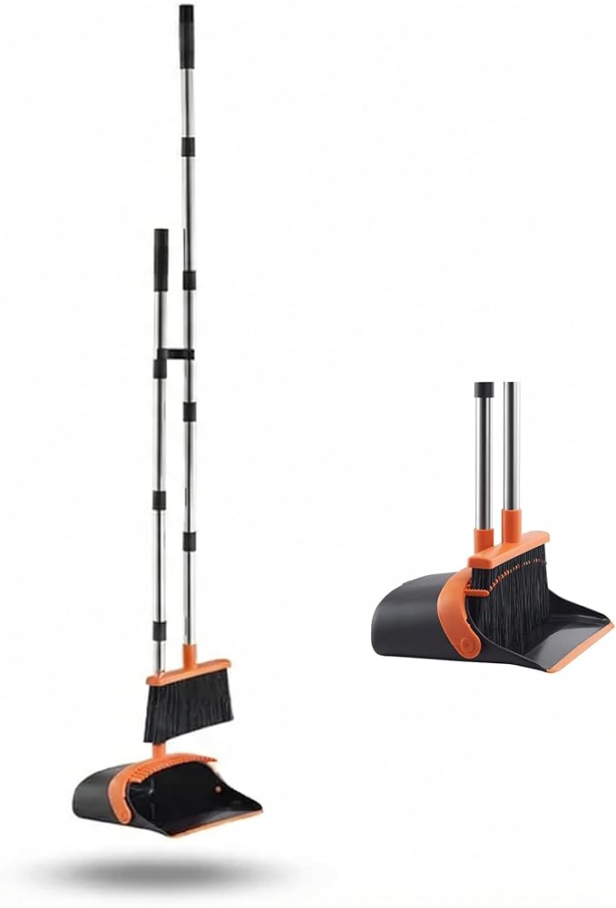 Broom and Dustpan Set for Home, 51.8" Long Handle Standing Dustpan with Self-Cleaning Teeth, Upright Sweeping Combo for Kitchen Office Pet Hair, Orange