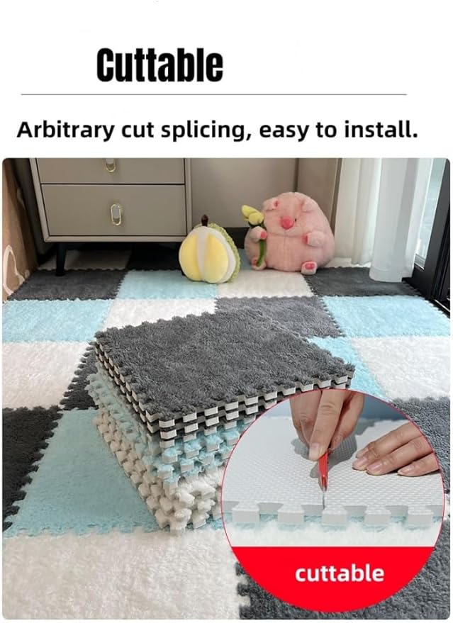 12Pcs Interlocking Carpet Tiles,12"x 12" Plush Interlocking Foam Carpet Tiles with Border,Fluffy Play Mat Floor Tiles Thick Padded Squares Foam Tiles for Playroom Decor (Light Blue+Navy)