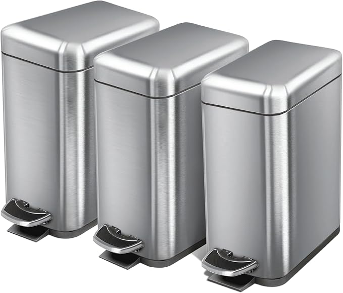 Home Zone Living 3-Pack 1.3 Gallon Small Bathroom Trash Can with Lid and Step Pedal, Stainless Steel Wastebasket with Slim Design for Home and Office, Silver, 5 Liters