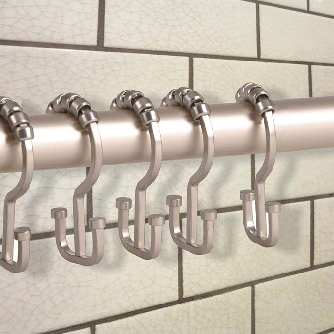 Utopia Alley Deco Flat Double Roller Shower Curtain Hooks, Satin Nickel
