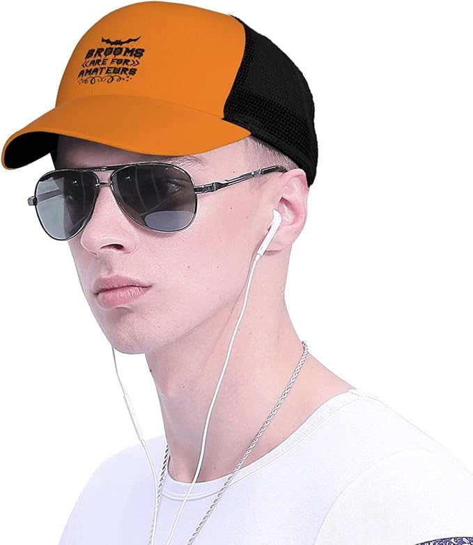 Brooms are for Amateurs Halloween Baseball Cap with Curved Brim and Mesh Outdoor Sun Protection & Breathability Casual Trucker Hat Well-Built and Well-Proportioned Black