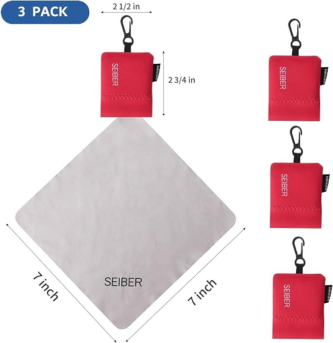 SEIBER Eyeglass Cleaning Microfiber Cloth,7 x 7 inch Glasses Cloth for Sunglasses,Laptops, Cameras,Screen- with Neoprene Pouch,Self-Closing Bottom(3PCS,Red)
