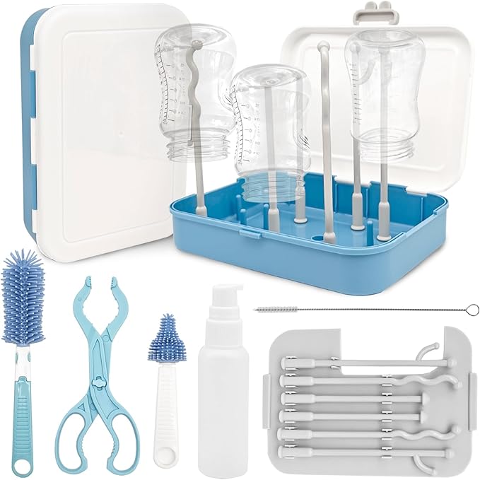 Baby Bottle Brush Set, Baby Bottle Cleaner Kit with Silicone Brush, Nipple Brush, Straw Brush, Soap Dispenser, Bottle Drying Rack, Storage Box, 7 in 1 Bottle Cleaning Tool for Home and Travel