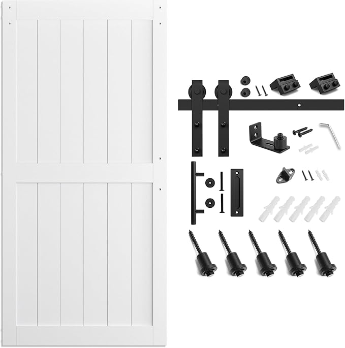 SmartStandard 42 x 84 inch White Sliding MDF Barn Door with 7FT Black Sliding Door Hardware Kit & Handle, Pre-Drilled Ready to Assemble, Waterproof PVC Coating, H-Frame