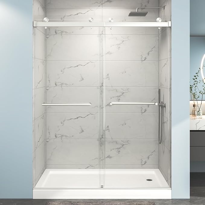 49"- 54" W x 76" H Frameless Shower Door, Double Sliding Shower Door,5/16"(8mm) Clear Tempered Glass,Easy Sliding Shower Door with Explosion-Proof Film (Brushed Nickel 54" Wx76 H)