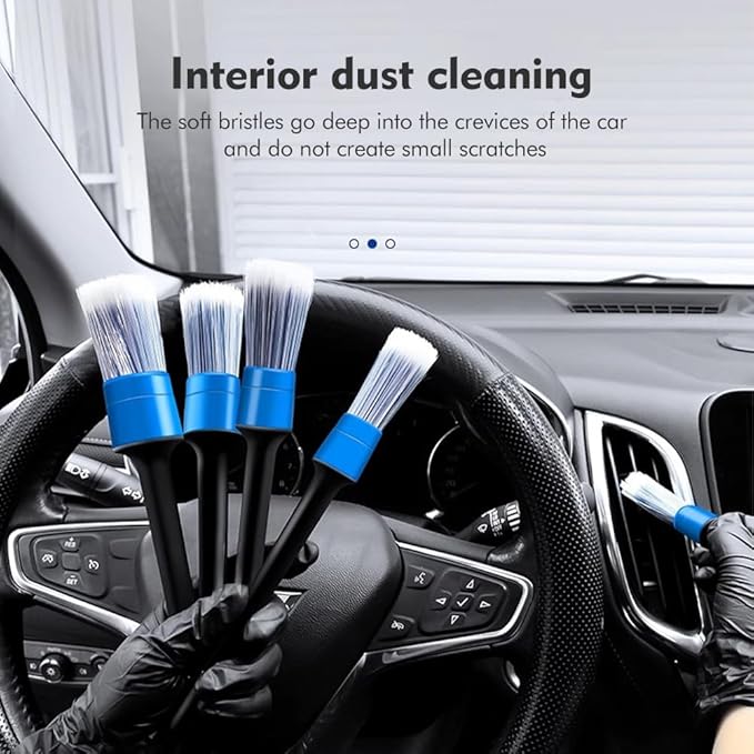 5pcs Different Size Car Detailing Brushes, Soft Non-Scratch Car Interior Cleaning Brushes for Cleaning Wheels, Interior, Exterior, Skylight, Leather, Air Vents, Emblems(Black+Blue)