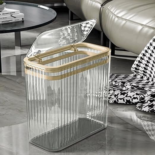 Bathroom Trash Can with Lid3.5 Gallon Garbage Can，for Bedroom, Office, Plastic Slim Waste Basket with Press Top Lid, 15l Clear Trash Bin for Home Slim Trash Bin Clear, Kitchen(Transparent)