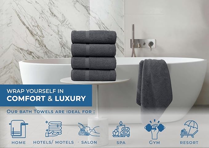 DAN RIVER Bath Towels Set of 4, 27 x 54 Inches, 100% Cotton, Larger & Lighter Weight, Quicker to Dry, Super Soft and Absorbent, Ideal Cotton Bath Towels for Daily Use, Dark Gray