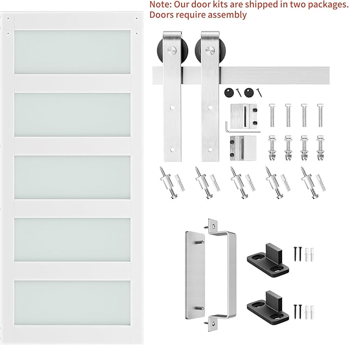 SmartStandard 36 x 84 inch Glass Barn Door with 6.6FT Brushed Nickel Sliding Hardware Kit & Handle, Pre-Drilled Ready to Assemble, Waterproof PVC Coating, White, 5-Panel Glass