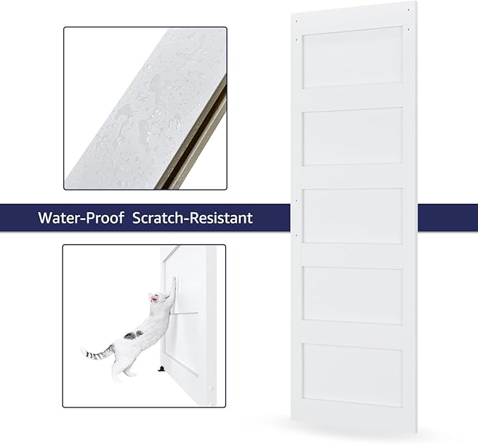 32in x 84in White Sliding Barn Door with 6ft Brushed Nickel Barn Door Hardware Kit & Handle, 5-Panel, Pre-Drilled Holes Easy Assembly, Water-Proof PVC Surface