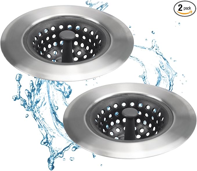 Kitchen Set of 2 Sink Strainers, Flexible Silicone Good Grip Kitchen Sink Drainers, Traps Food Debris and Prevents Clogs, Large Wide 4.5’ Diameter Rim (Silver Black)